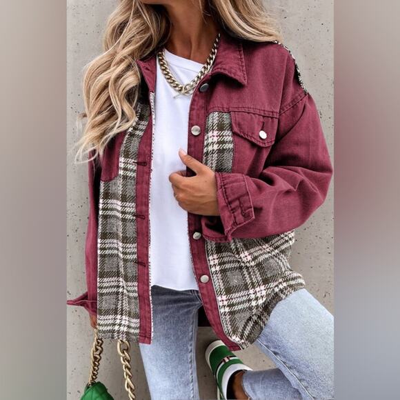 Hanna Banna FIERY RED PLAID PATCHWORK POCKETS DENIM JACKET size medium - Picture 1 of 8